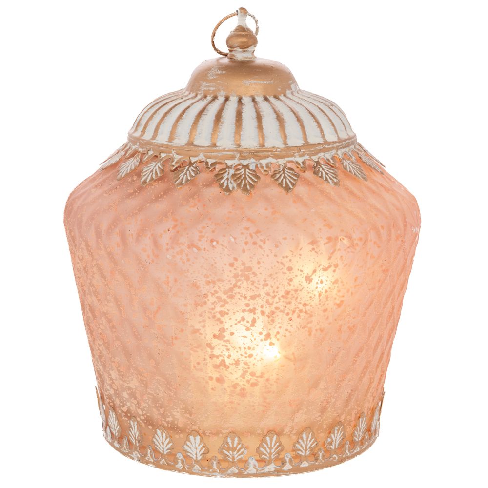  Стъклен фенер в ретро стил със светодиодно осветление и метален капак в розов цвят, 15x15x19 см