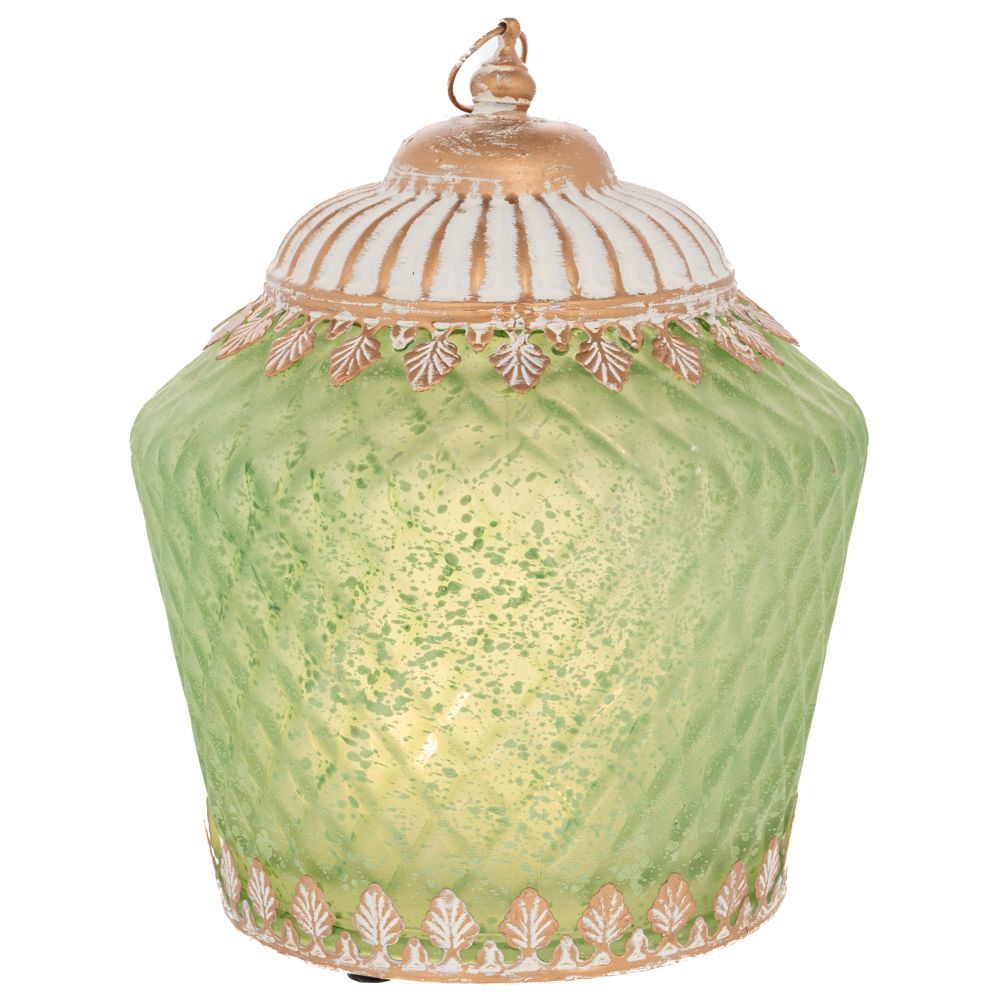  Стъклен фенер в ретро стил със светодиодно осветление и метален капак в зелен цвят, 15x15x19 см