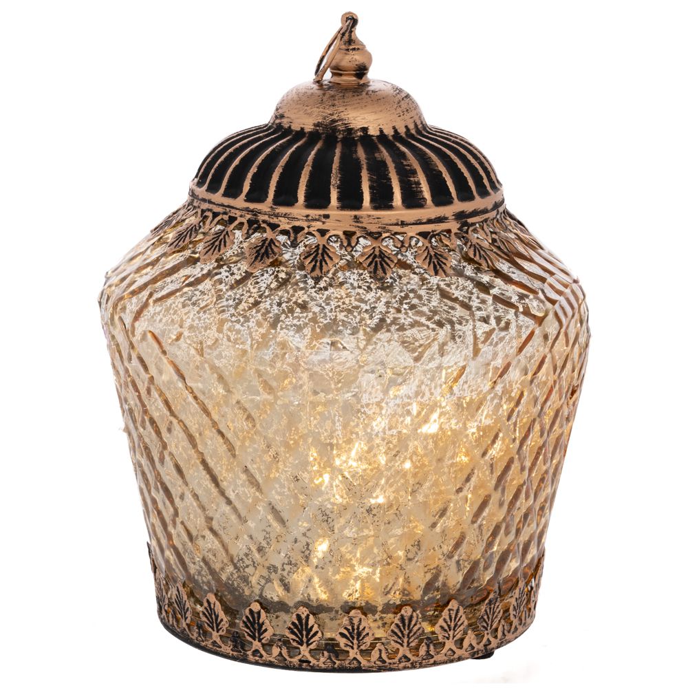  Стъклен фенер в ретро стил със светодиодно осветление и метален капак в златист цвят, 15x15x19 см