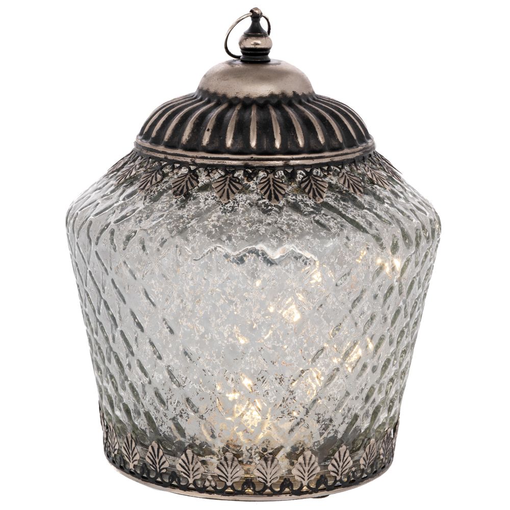  Стъклен фенер в ретро стил със светодиодно осветление и метален капак в сребрист цвят, 15x15x19 см