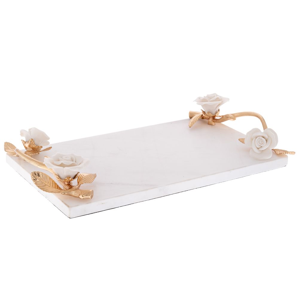  БЯЛА МРАМОРНА ТАВА С ЦВЕТЯ И ЗЛАТНИ ДРЪЖКИ 34X20X5,5 см