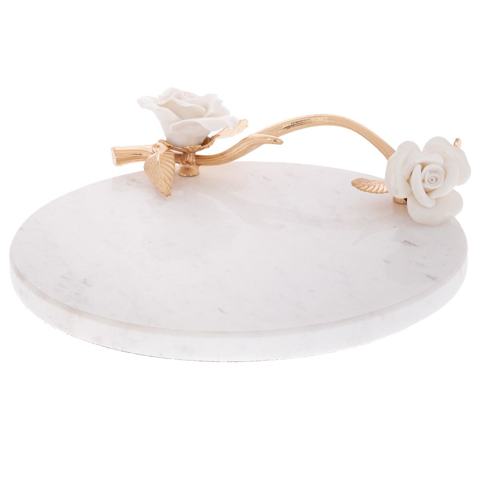  БЯЛА МРАМОРНА ТАВА С ЦВЕТЯ И ЗЛАТНИ ДРЪЖКИ, С КРЪГЛА ФОРМА, 23X20X5,5 СМ