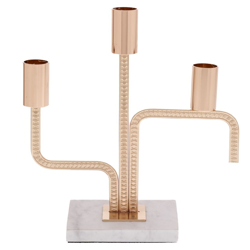  3-етажен свещник от златно метал върху основа от бял мрамор, 20x8x21 см