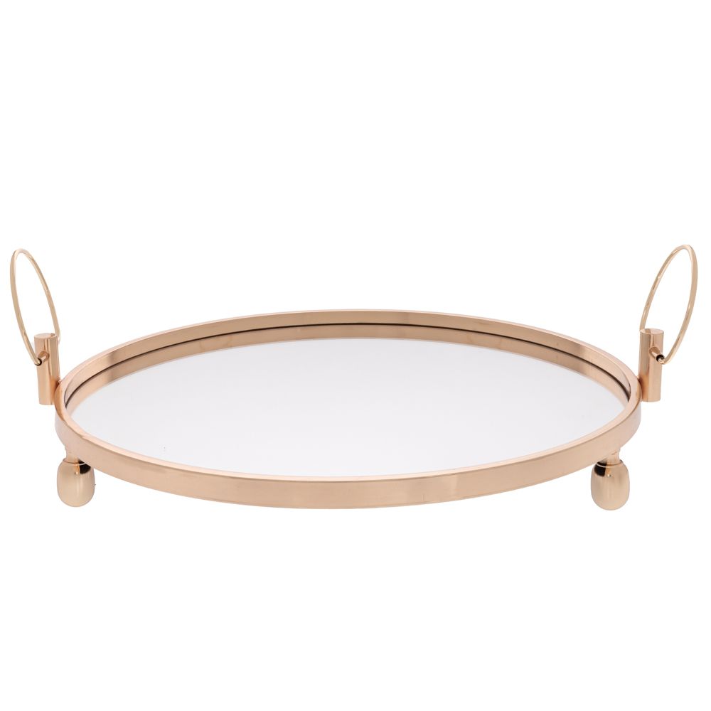  Златна метална тава със стъклена повърхност, кръгла форма, 50x50x11 см