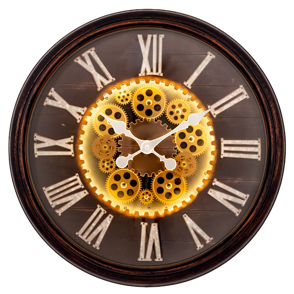  ДЕКОРАТИВЕН КРЪГЛ МЕТАЛЕН СТЕНЕН ЧАСОВНИК В КАФЯВ ЦВЯТ С БЕЗЖИЧНО УПРАВЛЕНИЕ НА 3 ЦВЕТА СВЕТЛИНА, Д57 см