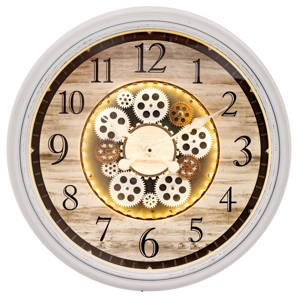  ДЕКОРАТИВЕН КРЪГЛ МЕТАЛЕН СТЕНЕН ЧАСОВНИК В БЕЖ ЦВЯТ С БЕЗЖИЧНО УПРАВЛЕНИЕ НА 3 ЦВЕТА СВЕТЛИНА, Д57 СМ