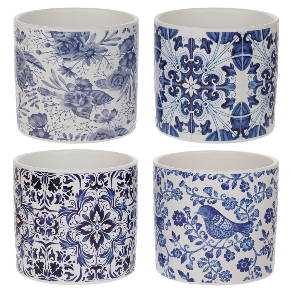  КЕРАМИЧЕН СЪД С ПРИНТ НА СИНИ ЦВЕТЯ 13X13X12 см, 4 ЦВЕТА