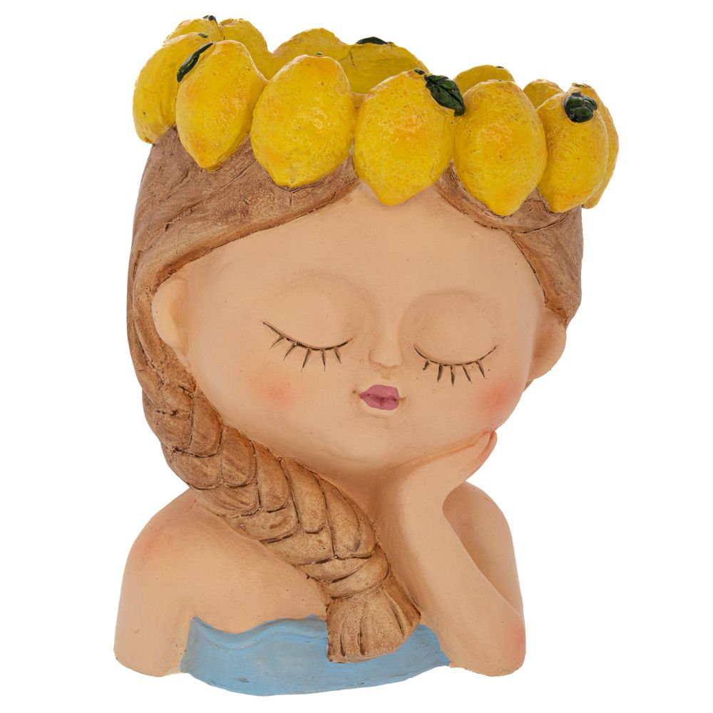  Декоративна саксия от смола във формата на момиче с лимони на главата, 22 x 20,5 x 28 см