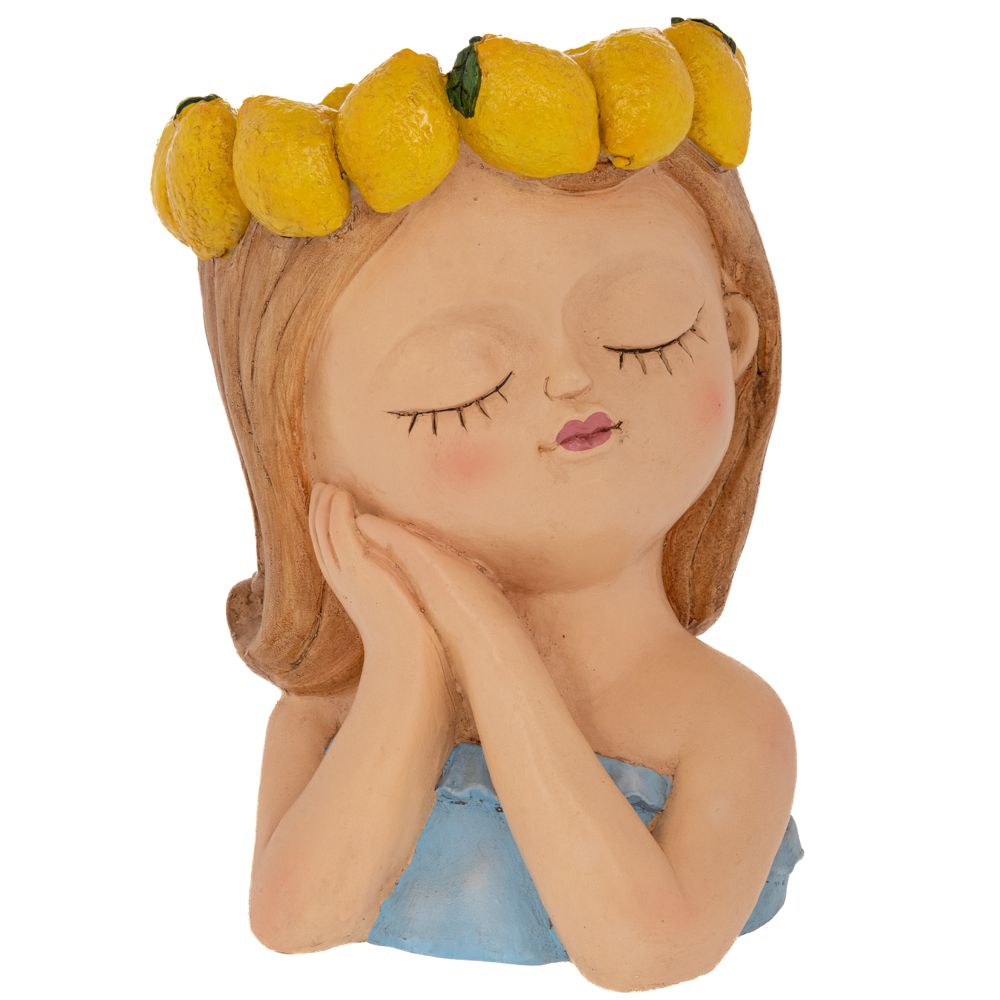  Декоративна саксия от смола във формата на момиче с лимони на главата, 26x26x35 см