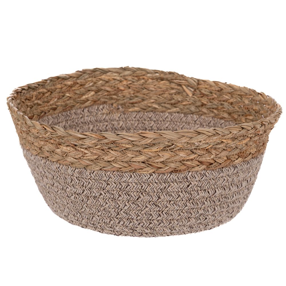  СИВА КРЪГЛА КОШНИЦА ОТ ПЛЕТЕНА ТРЕВА, Д26X12 см