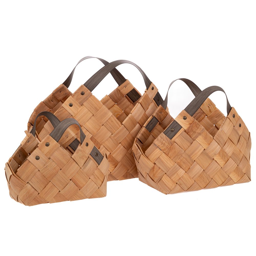  КОМПЛЕКТ ОТ 3 ПЛЕТЕНИ КОШНИЦИ С СИВИ ДРЪЖКИ  45×37×31, 36×25×24, 28×19×19 см