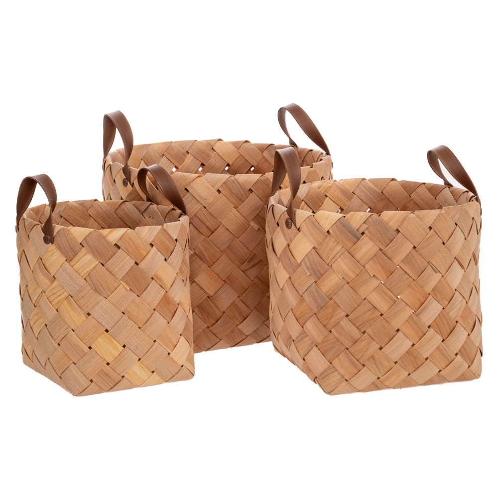  КОМПЛЕКТ ОТ 3 ПЛЕТЕНИ КОШНИЦИ С КАФЯВИ ДРЪЖКИ 30×24, 25×22, 20×21 см