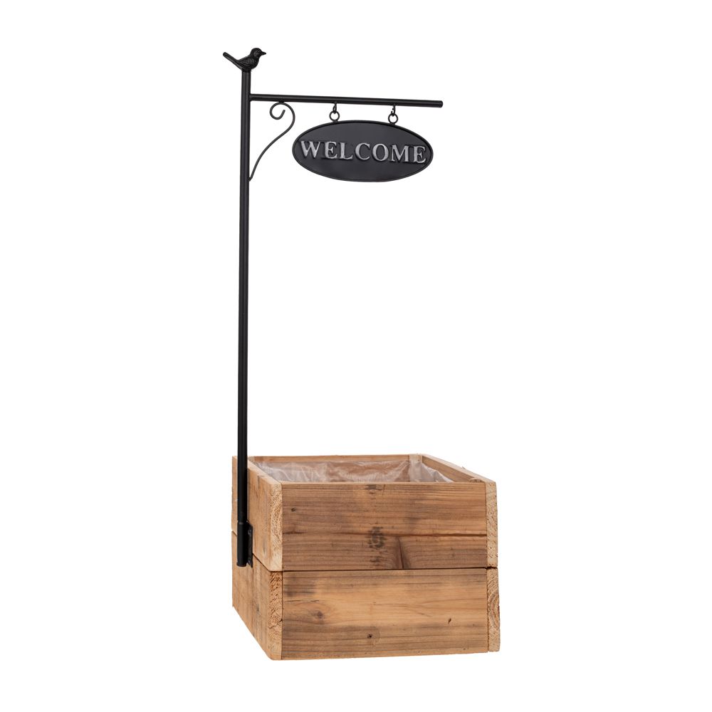  ДОБРЕ ДОШЛИ – ДЪРВЕНА САКСИЯ С МЕТАЛНА ТАБЕЛА ЗА ЗАКАЧВАНЕ 23X21X65 СМ