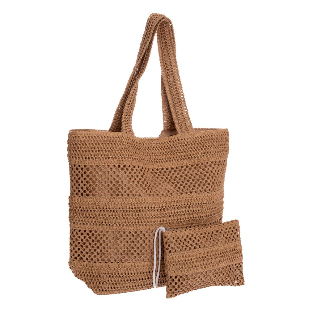  Кафява плажна чанта от слама с розови акценти и портмоне 49x15x38 см, 23x16 см