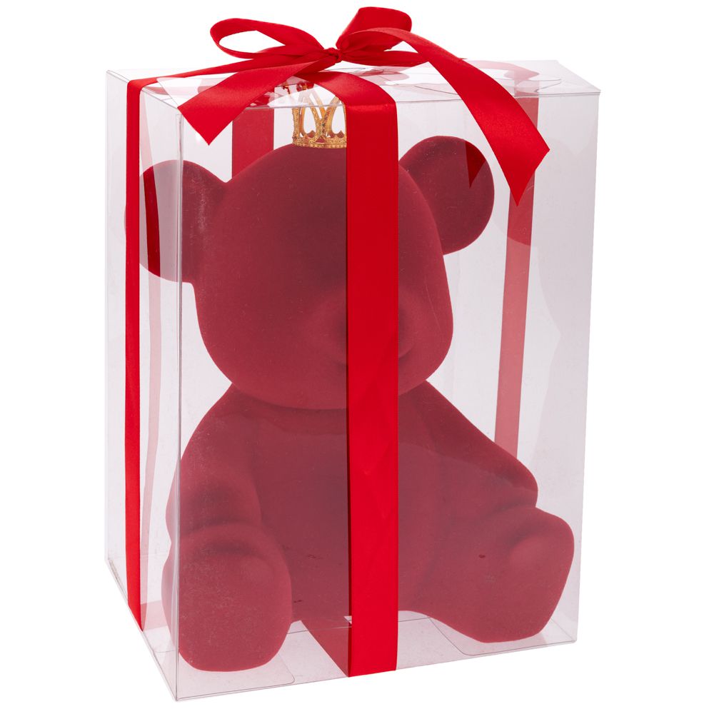  Коледна червена плюшена мечка с корона в PVC кутия, 21x29 см
