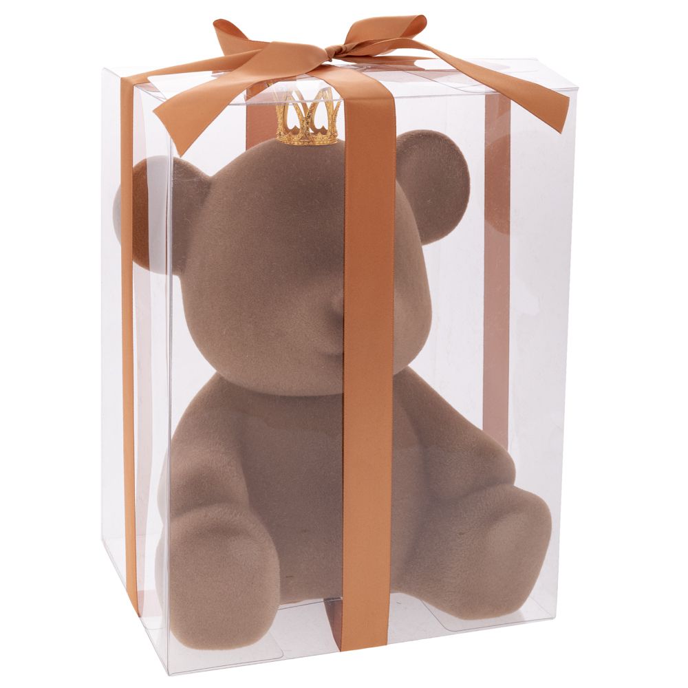  Коледна кафява плюшена мечка с корона в PVC кутия, 21x29 см