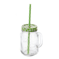 GLASS JAR W/STRAW &amp; LID GREEN