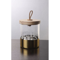 GLASS JAR WITH WOOD LID AND GOLD STRIPE 10X13CM