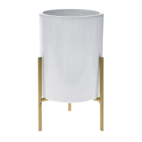 WHITE CERAMIC PLANTER WITH GOLD METAL STAND 8X8X16CM