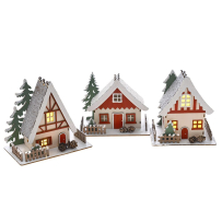 CREAM RED WOODEN HOUSES  WITH LIGHT 13?10?14?? 15?9?12?? 15?9?14CM ASSORTED