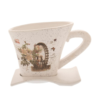 CERAMIC TEA CUP WITH SAUCER PLANTER 26X18X18 CREAM FLOWERS PRINT