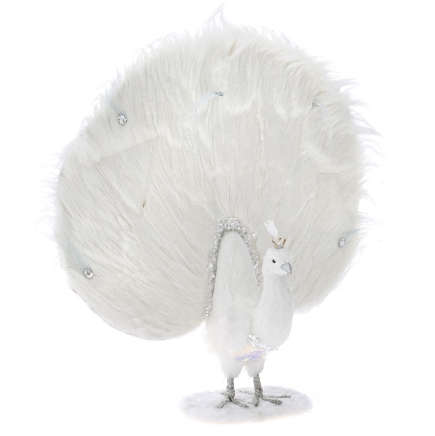 XMAS WHITE PEACOCK WITH FUR ON THE TAIL 54X17X63CM