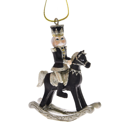 XMAS BLACK POLYRESIN NUTCRACKER ROCKING HORSE ORNAMENT 6,5X3X9,5CM