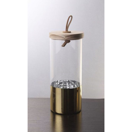 Буркан от изчистено стъкло с дървен капак и златен кант. Размер: 10х22 см