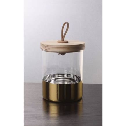 GLASS JAR WITH WOOD LID AND GOLD STRIPE 10X13CM