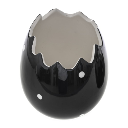 Керамична кашпа яйце от черен гланц на бели точки, Ф 15х16 см