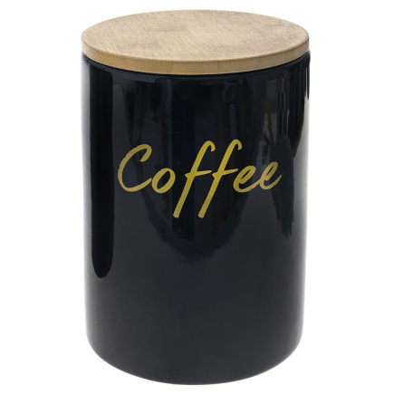 BLACK CERAMIC SUGAR CANISTER WITH BAMBOO LID 12X12X17CM