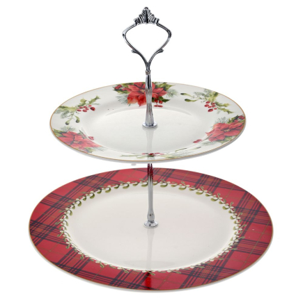 XMAS POINSETTIA TWO TIER CAKE STAND NEW BONE CHINA 26 19CM