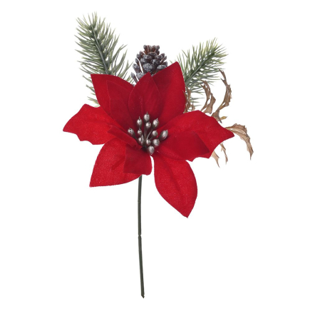 XMAS RED POINSETIA PICK RED WITH PINES D10 20CM