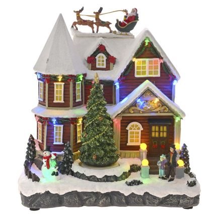 XMAS HOUSE WITH LIGHTS, MUSIC AND A ROTATING TREE 28X20X29CM