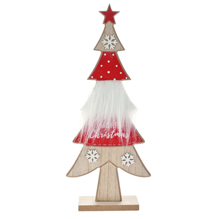 RED WOODEN TREE WITH FUR ON A BASE 13X5X31CM