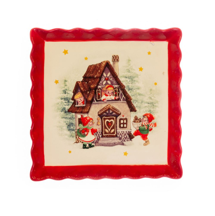 X MAS DOLOMITE SQUARE PLATE RED WHITE WITH SCENE HOUSE 21?21?3CM