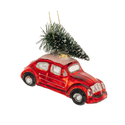 XMAS RED CAR GLASS ORNAMENT WITH TREE 11X6,5CM