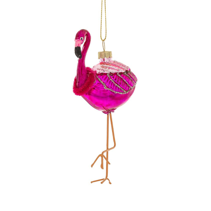 XMAS FUCHSIA FLAMINGO GLASS ORNAMENT 6X4X12CM