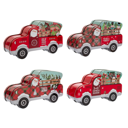 XMAS RED CAR TIN BOX 19X11X6CM 4 DESIGNS