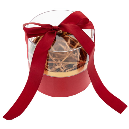 CLEAR GIFT BOX ROUND SHAPE WITH RED BASE AND RIBBON D12X11CM